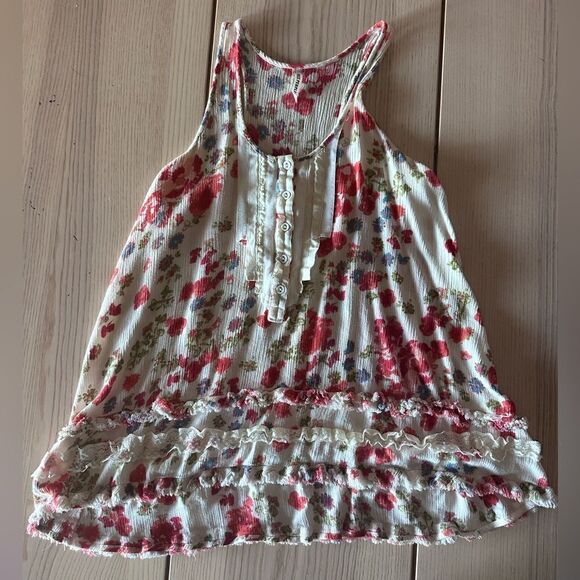 Free People Floral Ruffle Tiered racerback cream with red flowers- Size Small - Picture 3 of 9